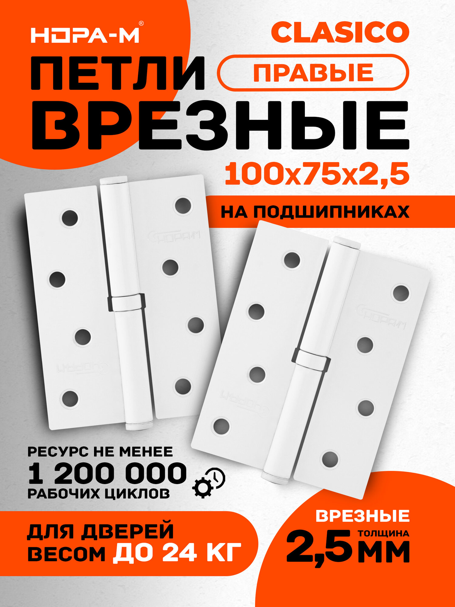 Петли дверные 2 шт. Нора-м 750-4", разъемные, правые, 100x75x2,5, белый