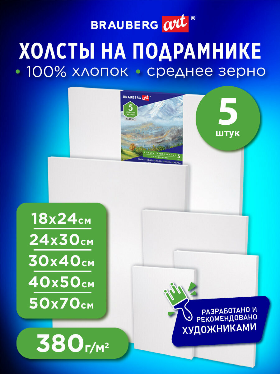 Холсты на подрамнике Brauberg Art Classic, Набор 5 шт, грунтованные, 100% хлопок, среднее зерно, 190650