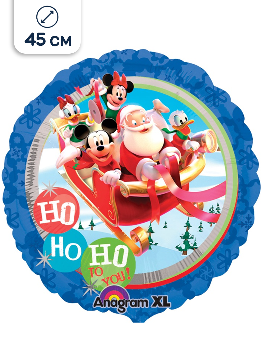 Воздушный шар фольгированный Anagram круглый на Новый год Микки маус и Санта Клаус Ho-ho-ho 46 см