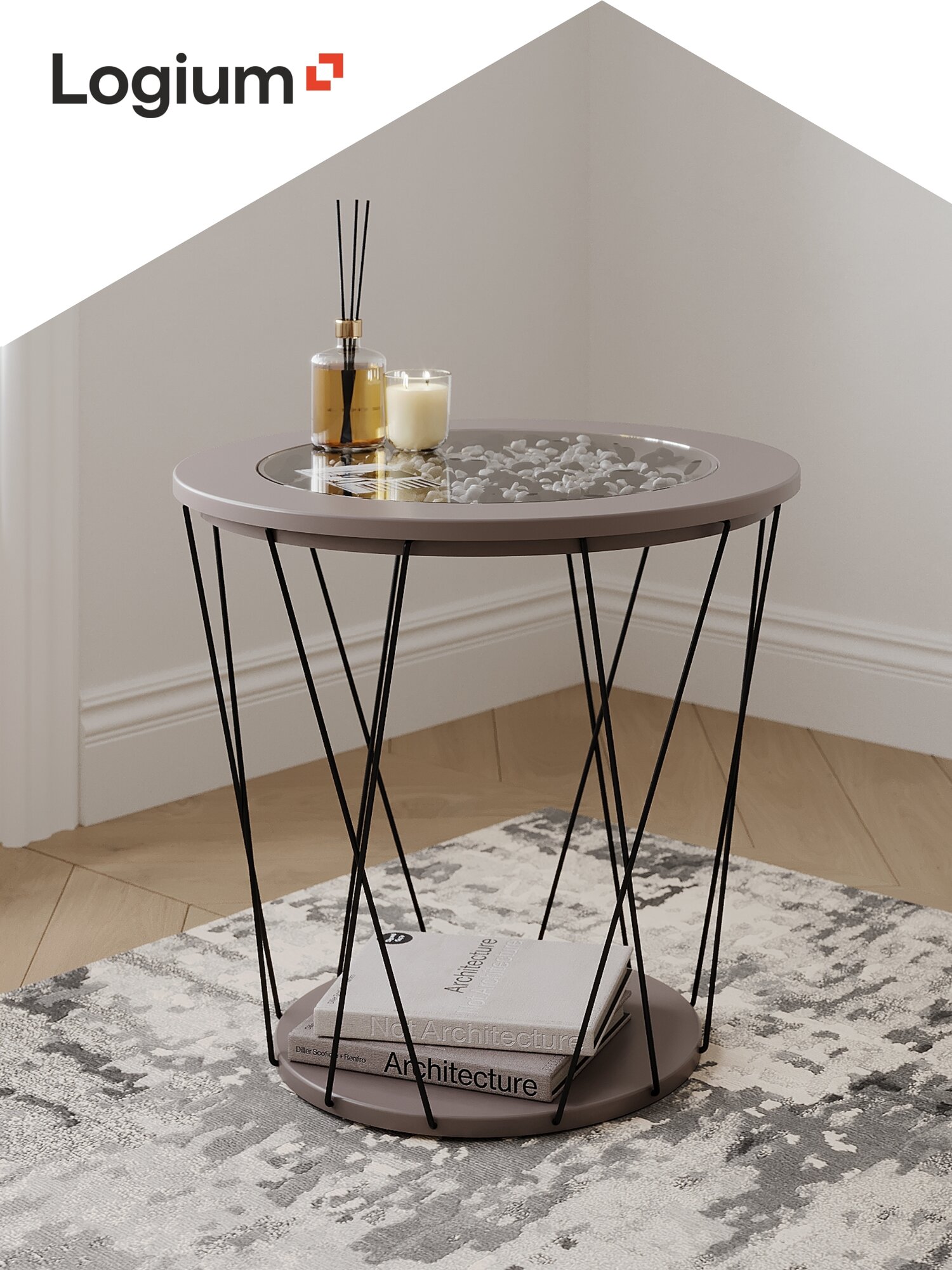 Столик журнальный Симпл круглый съемный стеклянный верх бежевый/коричневый 506х54 см