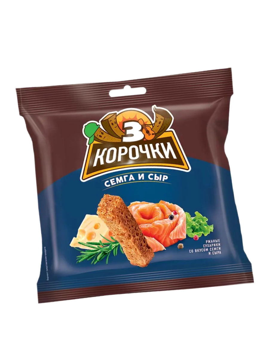 «3 Корочки», сухарики со вкусом сёмги с сыром, 100 г, 5 штук