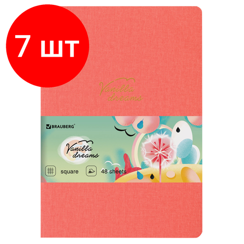 Комплект 7 шт, Тетрадь 48 л. в клетку обложка кожзам под лён, сшивка, A5 (147х210мм), коралловый, BRAUBERG PASTEL, 403870