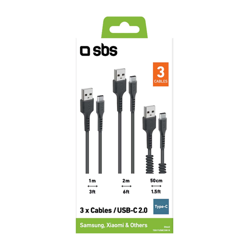 SBS USB-C - USB-C (спиральный 17-50 см, 1 м, 2м) комплект из 3-х кабелей type-c/type-c