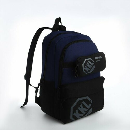 Рюкзак молодёжный из текстиля на молнии, 3 кармана, сумка, держатель для чемодана, цвет чёрный/синий