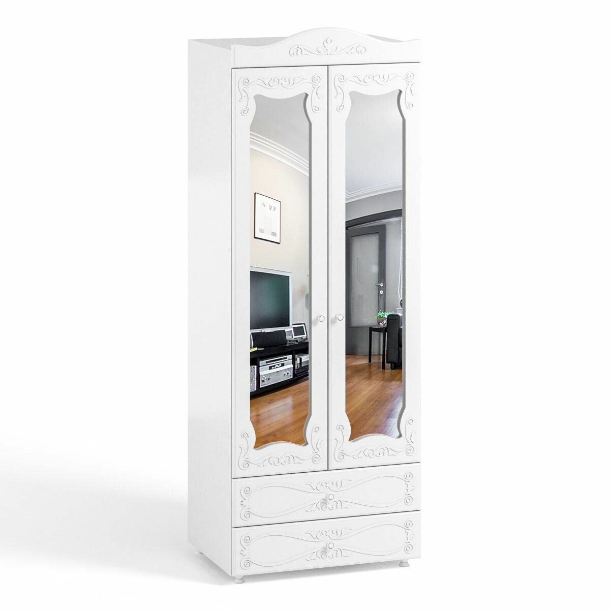 Шкаф 2 дв (560) с 2 Малыми зеркальными дверьми и ящиками Катрин-К ИТ-50 Италия Белое дерево