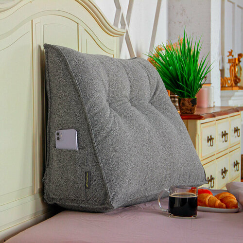 Большая клиновидная подушка для спины рогожка Серый Меланж 80х25х50 см