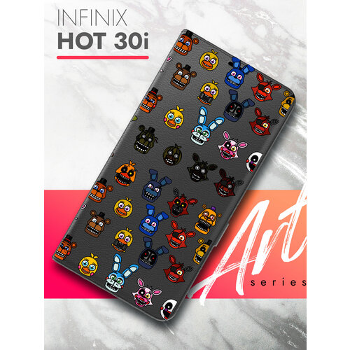 Чехол на Infinix HOT 30i (Инфиникс Хот 30и) черный книжка эко-кожа с функцией подставки и магнитами Book case, Brozo (принт) Аниматроник Паттерн чехол на infinix hot 30i инфиникс хот 30и черный книжка эко кожа с функцией подставки и магнитами book case brozo принт корги в пончике