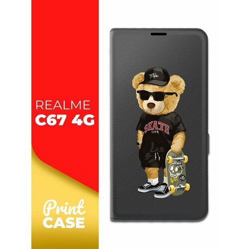 Чехол на Realme C67 4G (Реалми С67 4г) черный книжка эко-кожа подставка отделением для карт и магнитами Book case, Miuko (принт) Мишка Скейт чехол на realme c67 4g реалми с67 4г черный книжка эко кожа подставка отделением для карт и магнитами book case miuko принт мишка смартфон