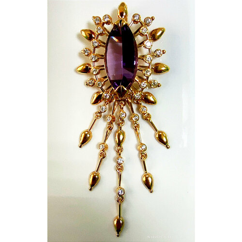 фото Подвеска эстерелла, желтое золото, 750 проба, аметист, бриллиант, размер 7 см.