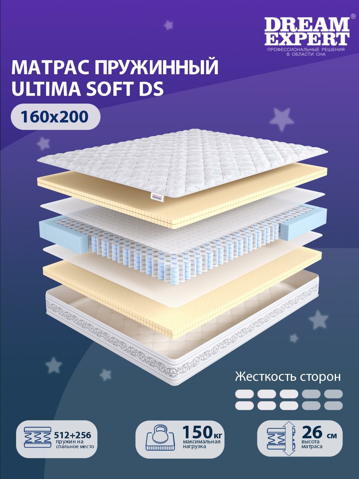 Матрас DreamExpert Ultima Soft DS средней жесткости, двуспальный, независимый пружинный блок, на кровать 160x200