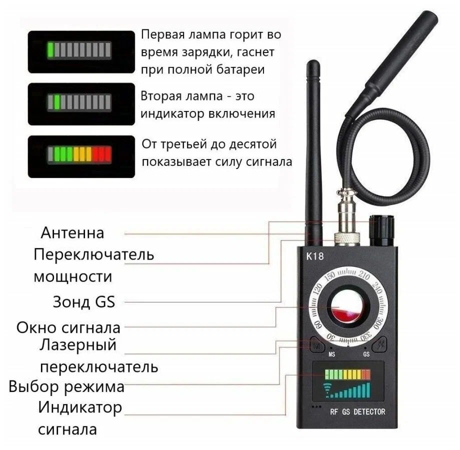 Изображение Детектор жучков, GPS трекеров и камер - антижучок К18