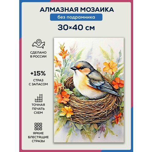 Алмазная мозаика 30x40 Птичка в гнезде без подрамника
