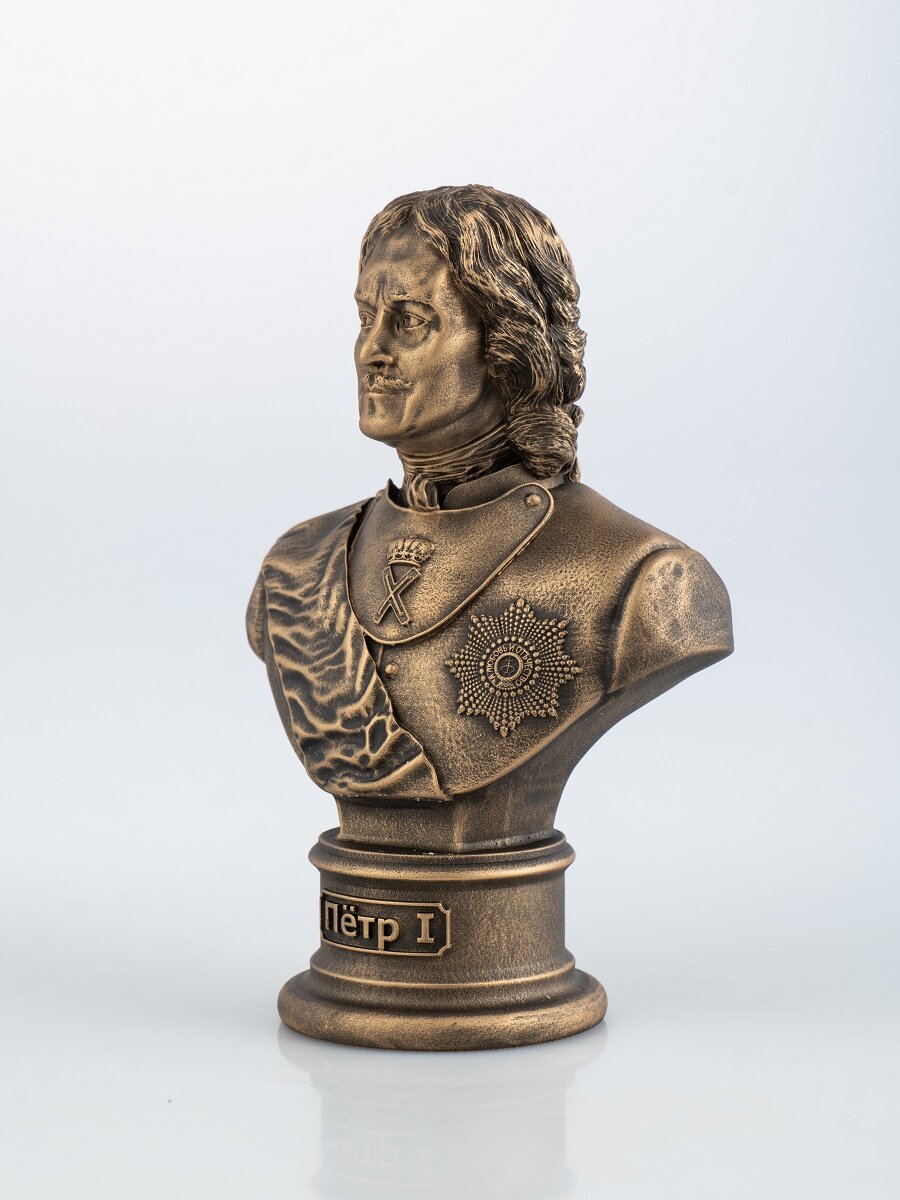 Бюст Петр 1 высота 15 см, литьевой мрамор, цвет патина бронза — фото 1