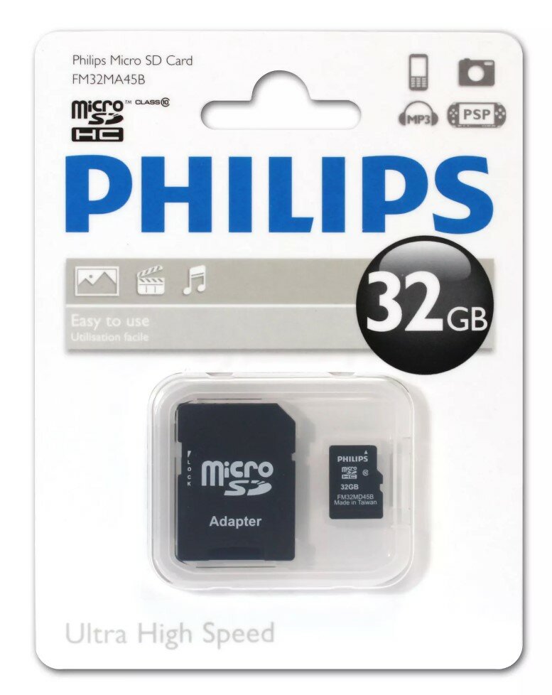 Micro SD 32GB PHILIPS microSDHC Class 10 (SD адаптер) FM32MA45B/97