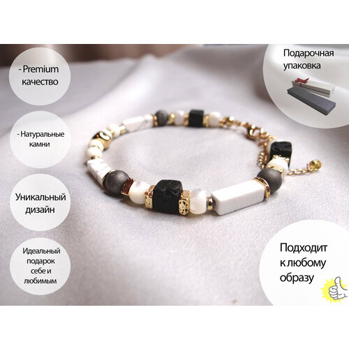 Браслет K&A, перламутр, гематит, кахолонг, агат, вулканическая лава, размер 19 см, размер one size, серый, золотистый