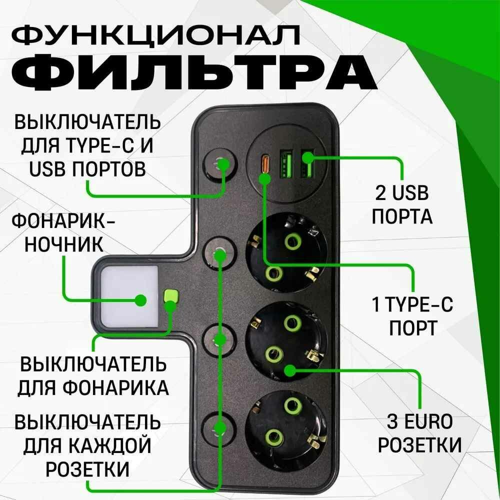 Тройник в розетку 3 гнезда с раздельными выключателями, сетевой фильтр с USB, Type-C — фото 1