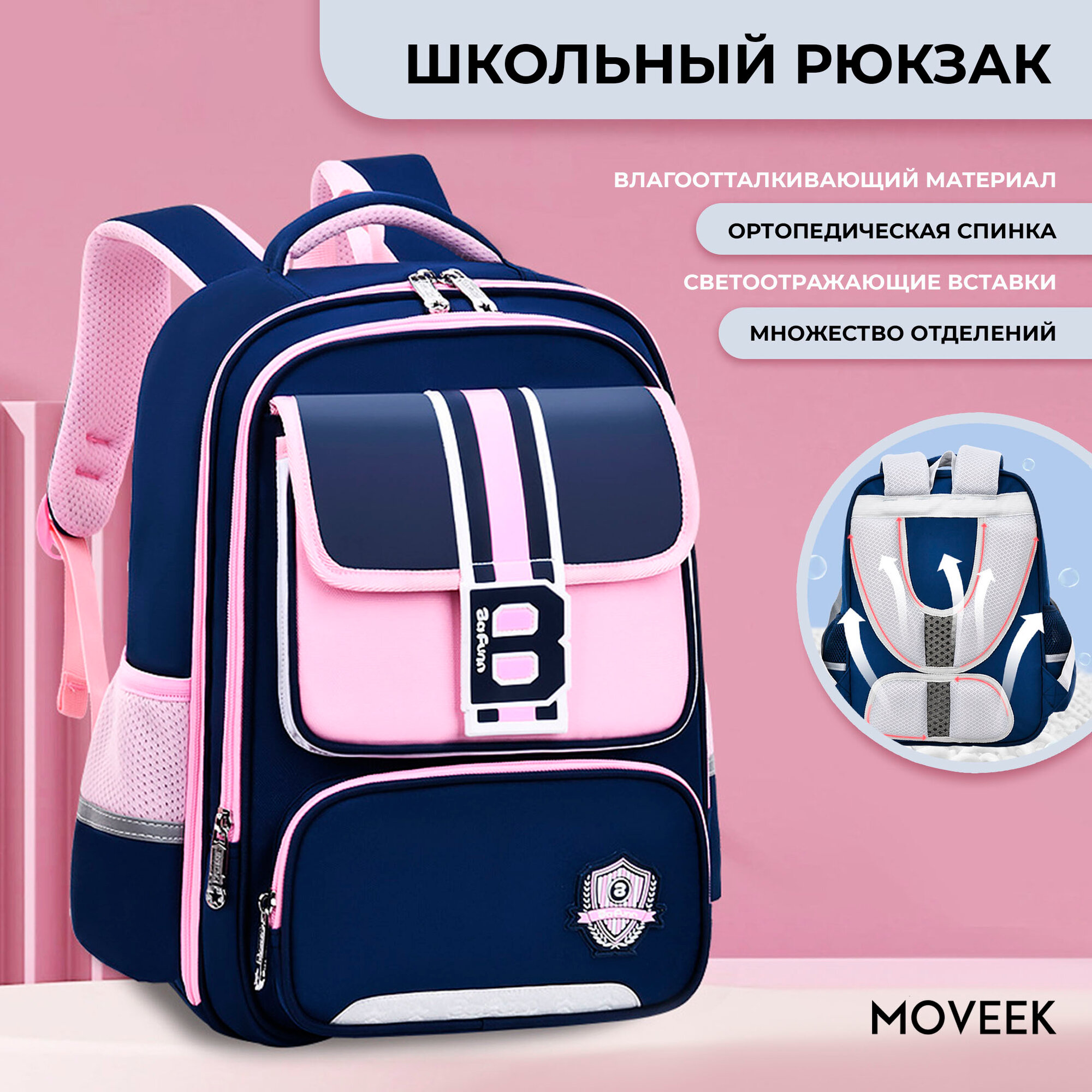 Рюкзак для школы, начальных и средних классов с ортопедической спинкой и функциональными отделами, со светоотражающей линией синий с розовым