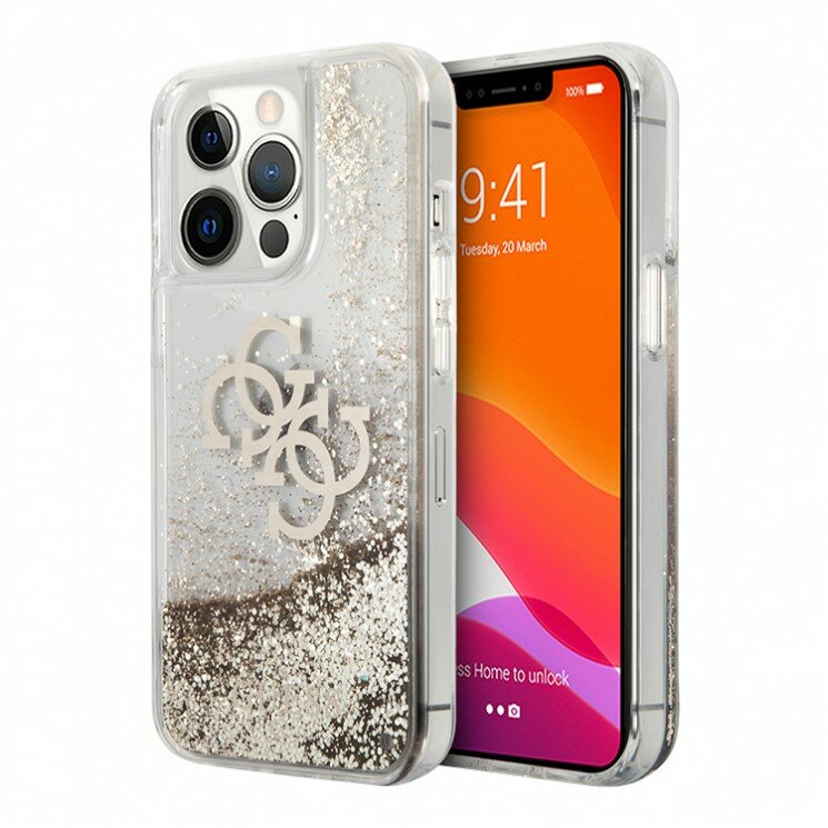 Чехол Guess Liquid glitter 4G Big logo Hard для iPhone 13 Pro, золотой