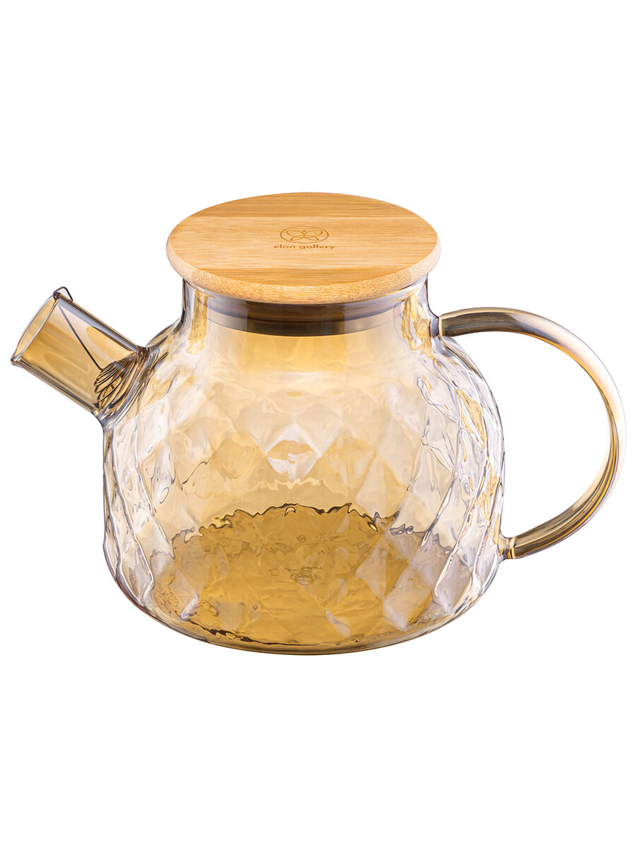 Чайник заварочный стеклянный 1 л Elan Gallery Crystal glass, золотистый, с ситом, с бамбуковой крышкой — фото 1
