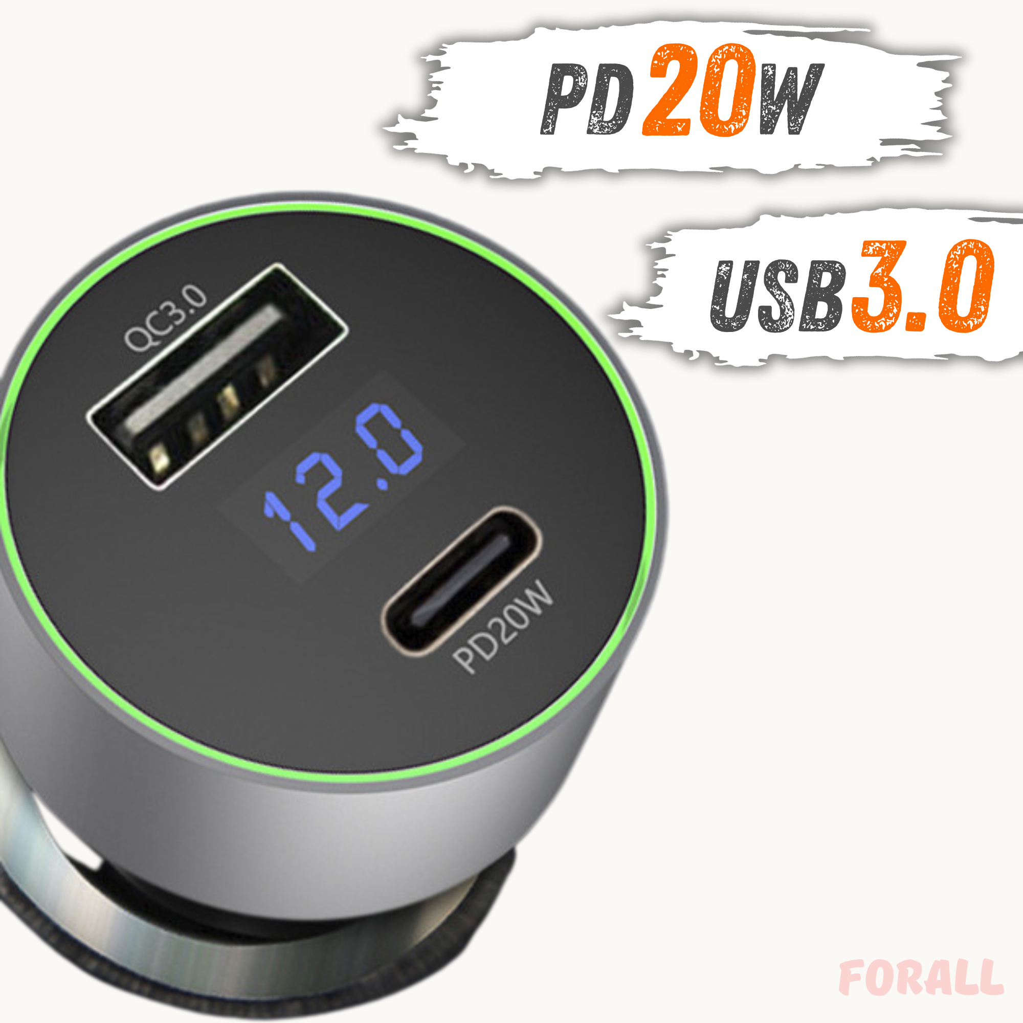 Быстрая автомобильная зарядка 20W USB Type-C / Type-A | Двойное зарядное устройство для прикуривателя — фото 1