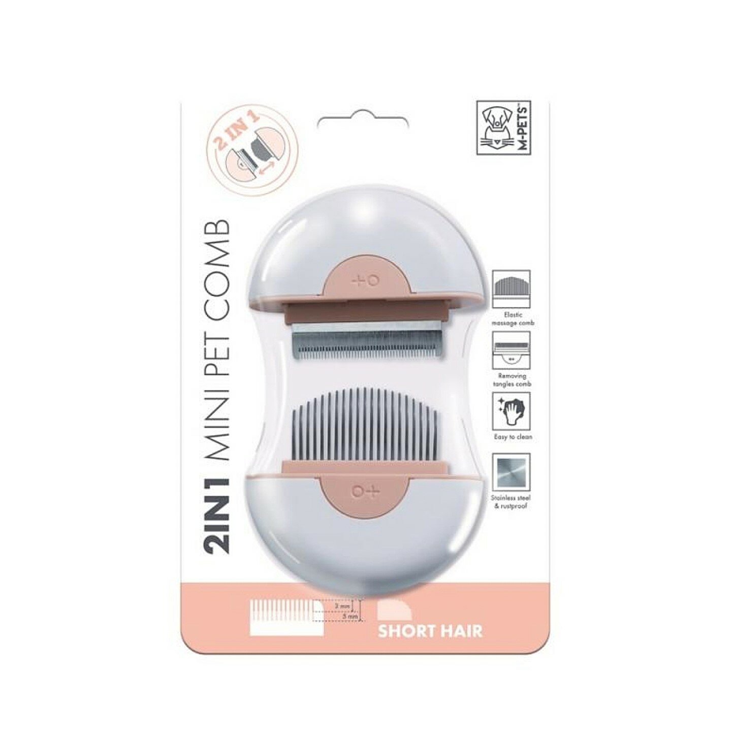 M-PETS Расческа Мини 2в1 для короткой шерсти, розовая 9х9х3см