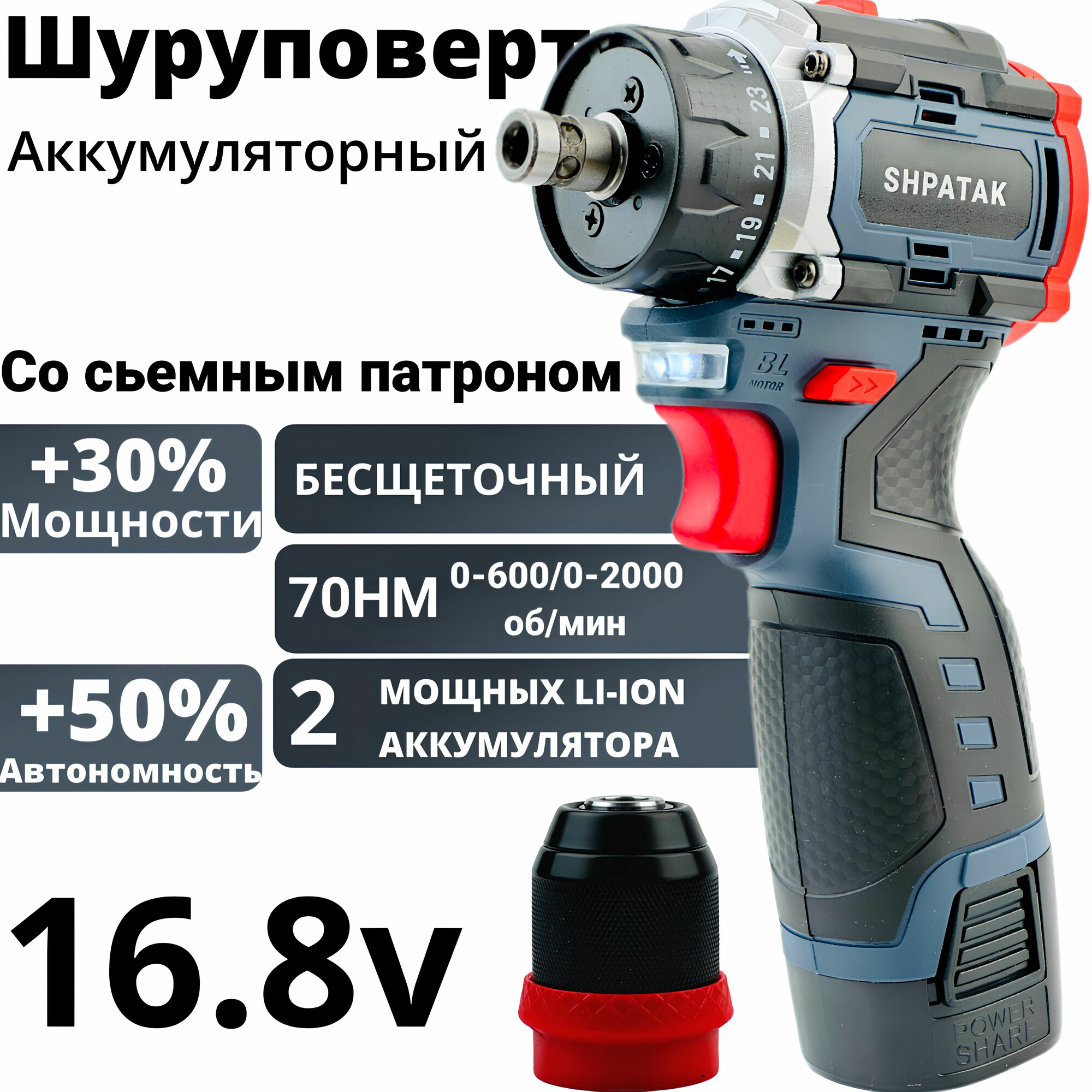 Дрель-шуруповёрт SHPATAK SHP-9882, 16В, быстросъемный патрон, 2 аккумулятора, кейс