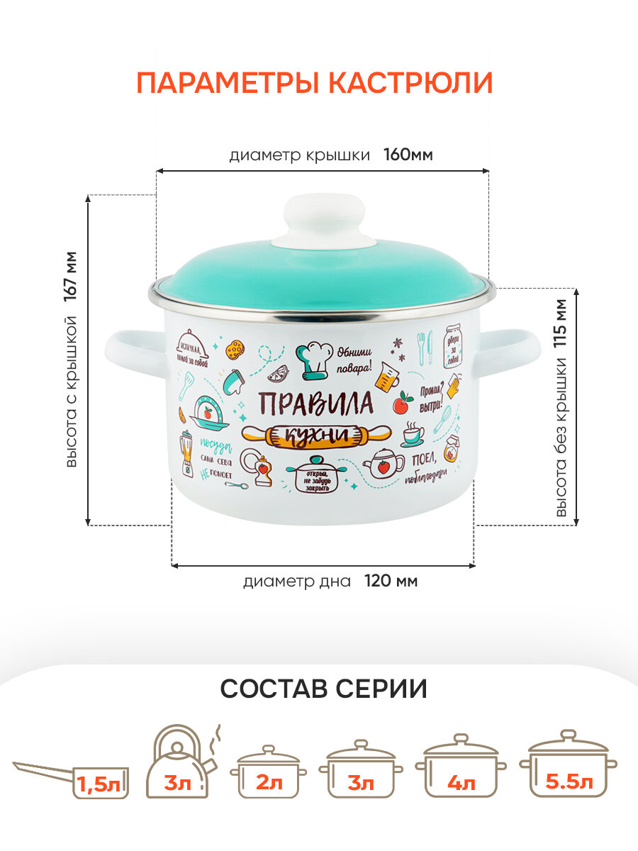 Кастрюля эмалированная с крышкой Правила кухни 2,0л ТМ Appetite — фото 1