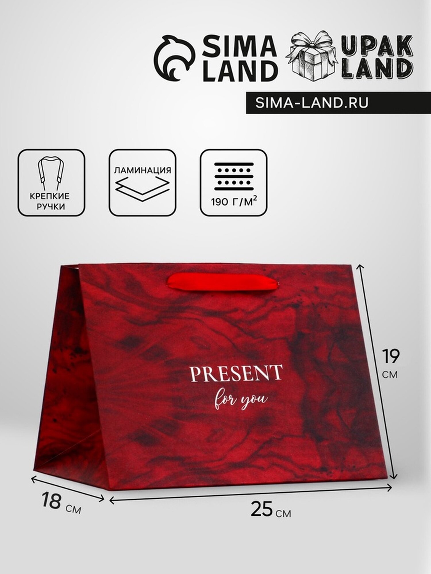 Пакет Upak Land "Present" ламинированный с ручкой-лентой 25x19x18 см