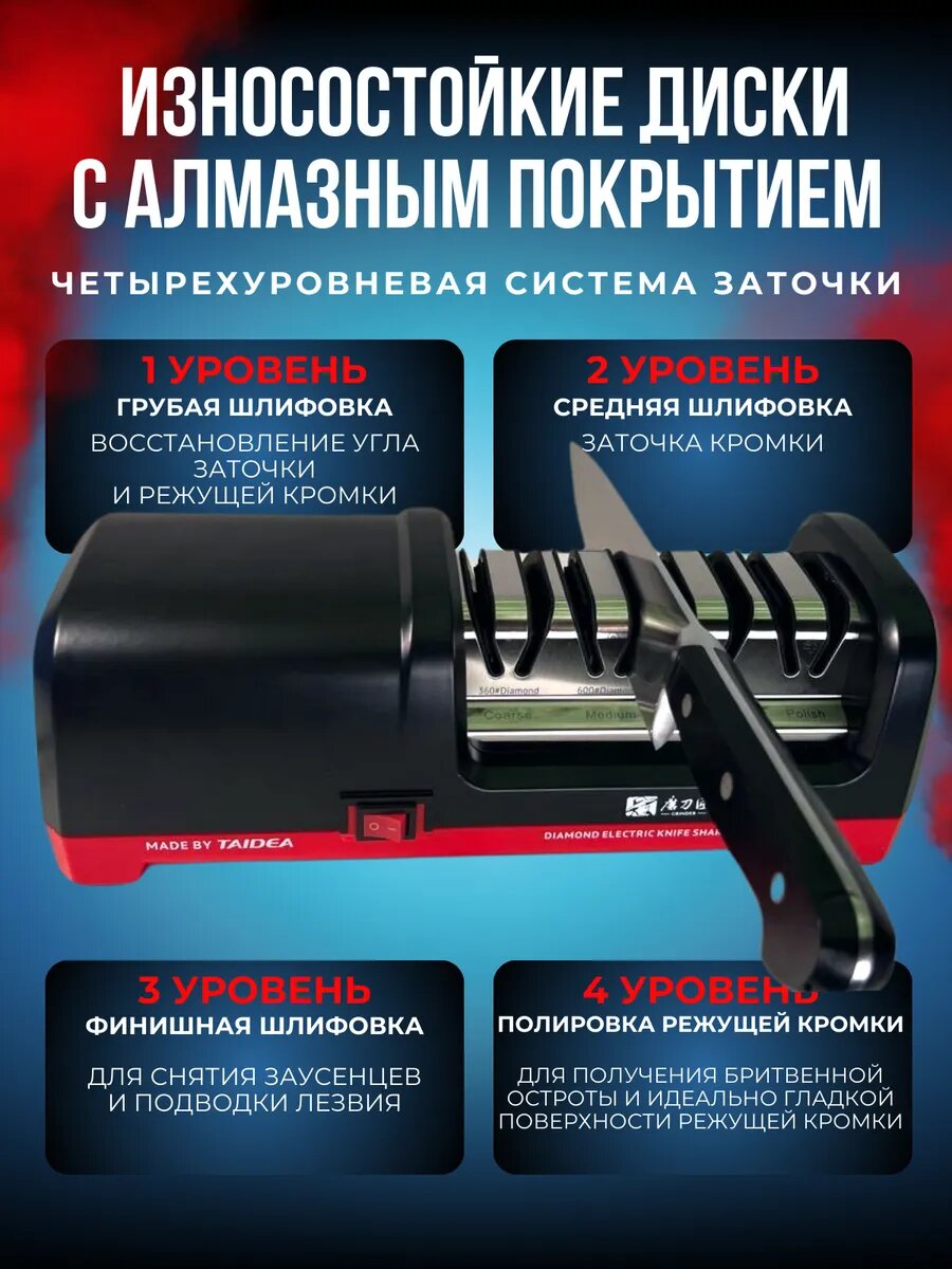 Точилка для ножей Taidea, ножеточка электрическая, 4 этапа, алмазное покрытие — фото 1