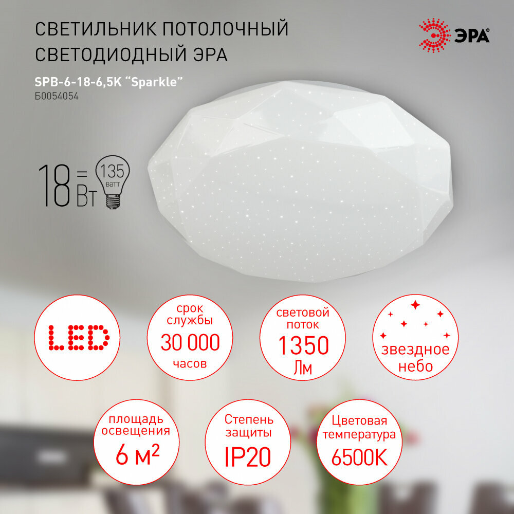 Потолочный светодиодный светильник Эра SPB-6-18-6,5K Sparkle (Б0054054) - фото №3