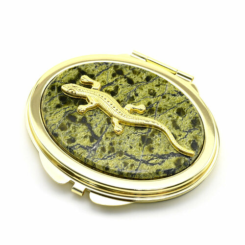 Зеркало карманное с накладками из змеевика и ящеркой золотистое 1250₽