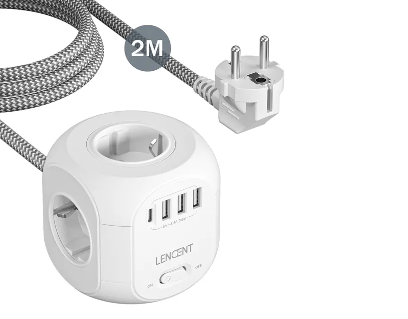 Удлинитель 2М 3 розетки с 3 USB и 1 Type-C. LENCENT.