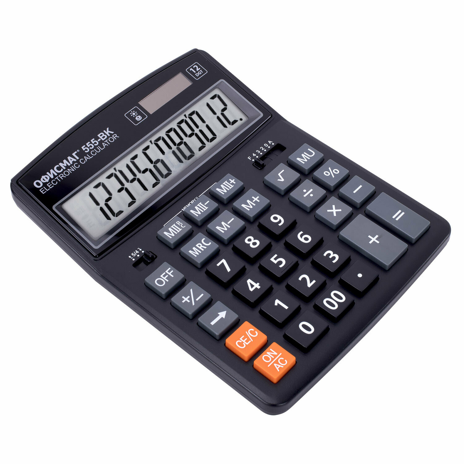 Калькулятор настольный большой 12 разрядный, 206x155 мм, двойное питание, черный, Офисмаг 555-BK, 271729