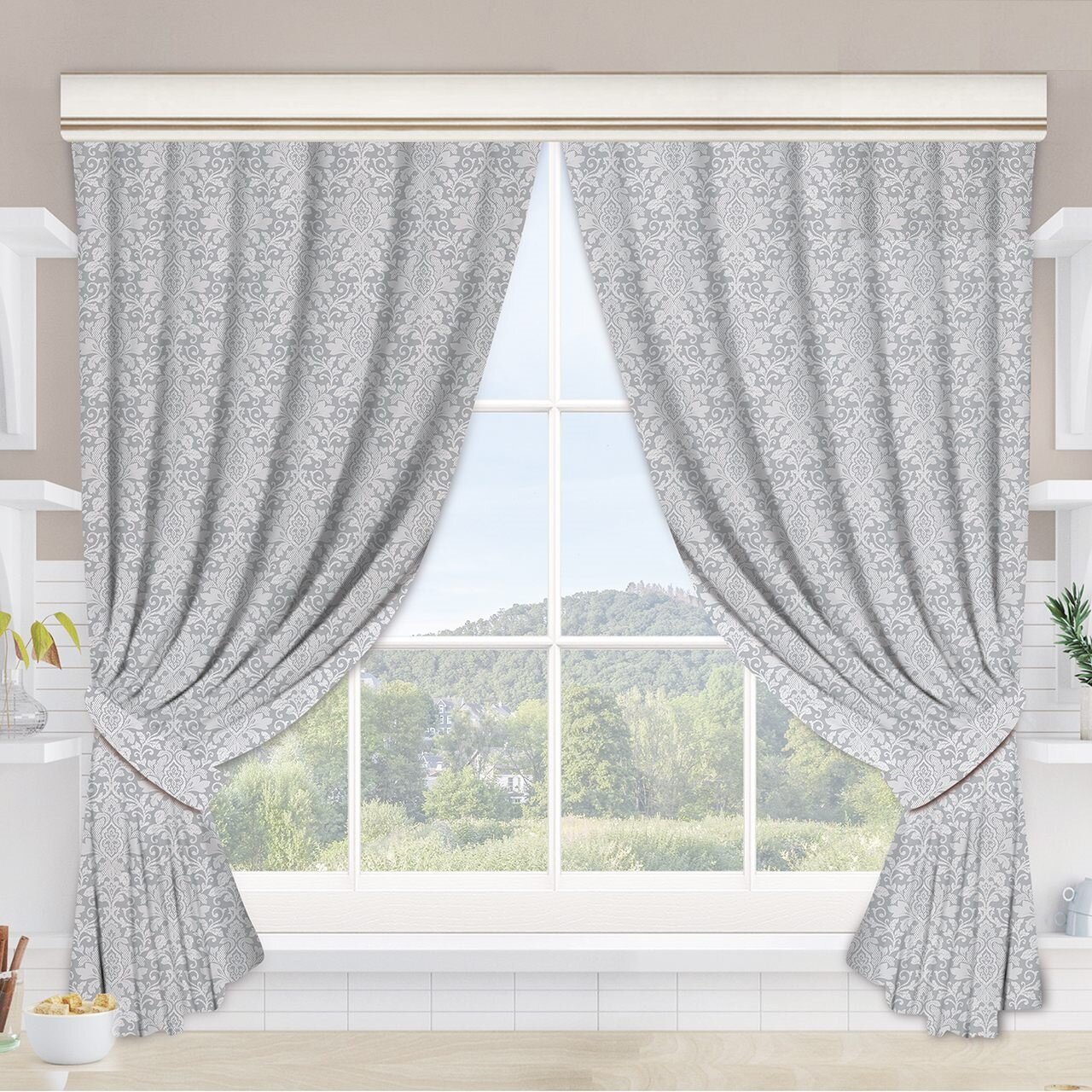 фото Шторы для кухни 120х180 (2 шт.) с подхватом Вензель серый