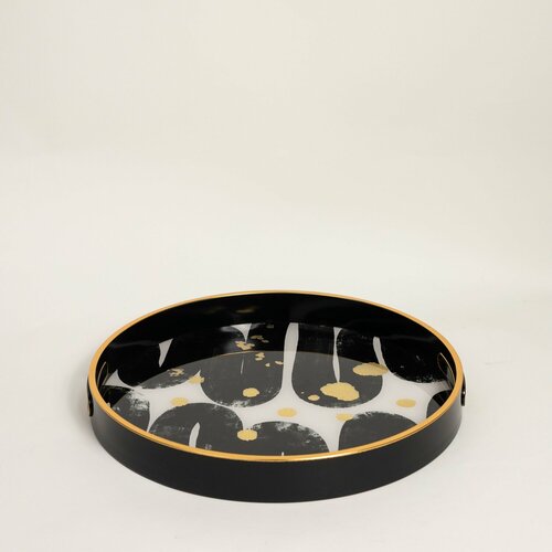 Поднос сервировочный Зеркальные цветы 35 см для посуды, украшений, косметики, интерьера с зеркальной поверхностью, черный с золотом