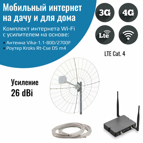 Мобильный интернет на даче, за городом 3G/4G/WI-FI – Комплект роутер Kroks m4 с антенной Vika-1.1-800/2700F роутер 3g 4g wifi kroks rt cse ds m4 с 4g модемом lte cat 4 две sim карты до 150 мбит с с двумя антеннами для машины