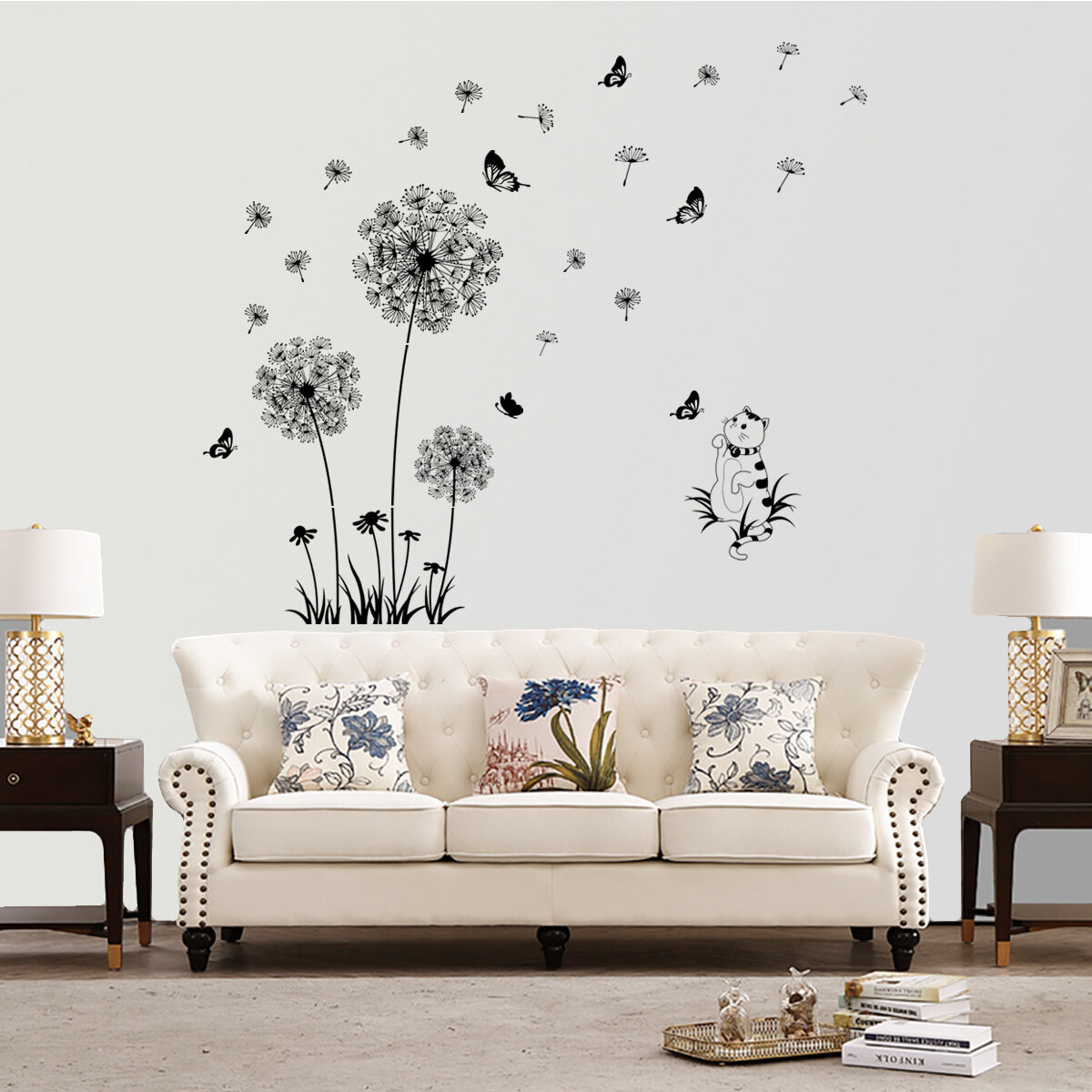 Наклейка "Одуванчики с бабочками и котиком" для стен, для мебели, для дверей, для окон интерьерная. Боьшие размеры от 115*100 см.