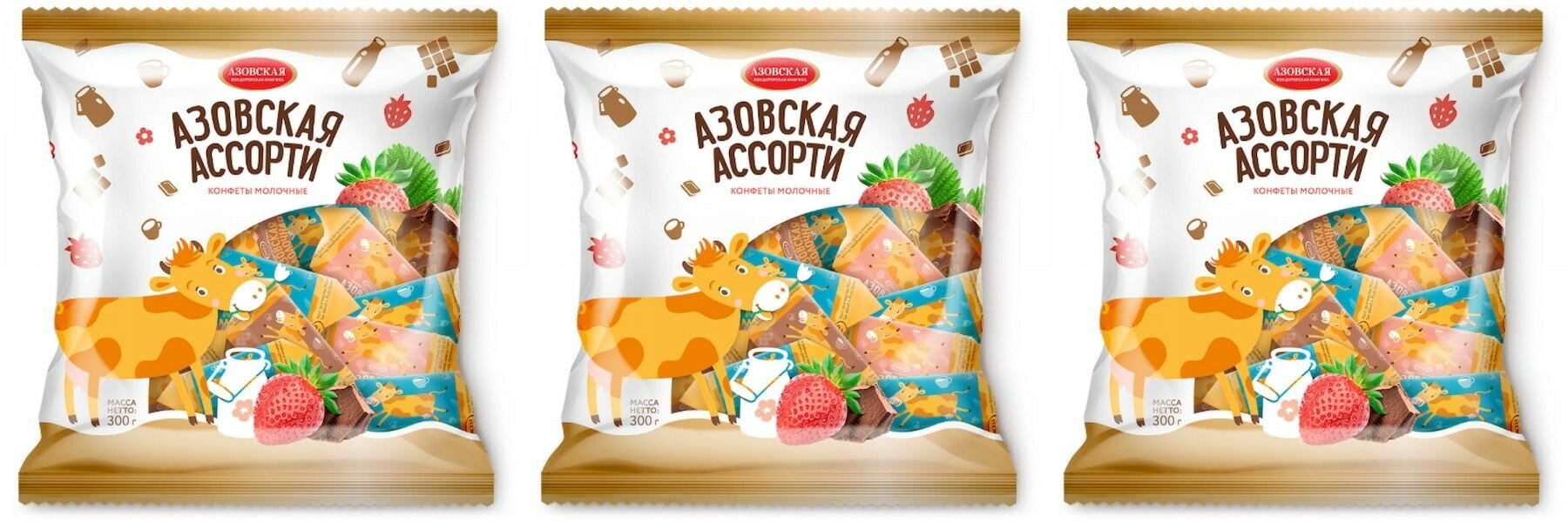 Азовская кондитерская фабрика Конфеты Коровка "Азовская ассорти", 300 г, 3 шт