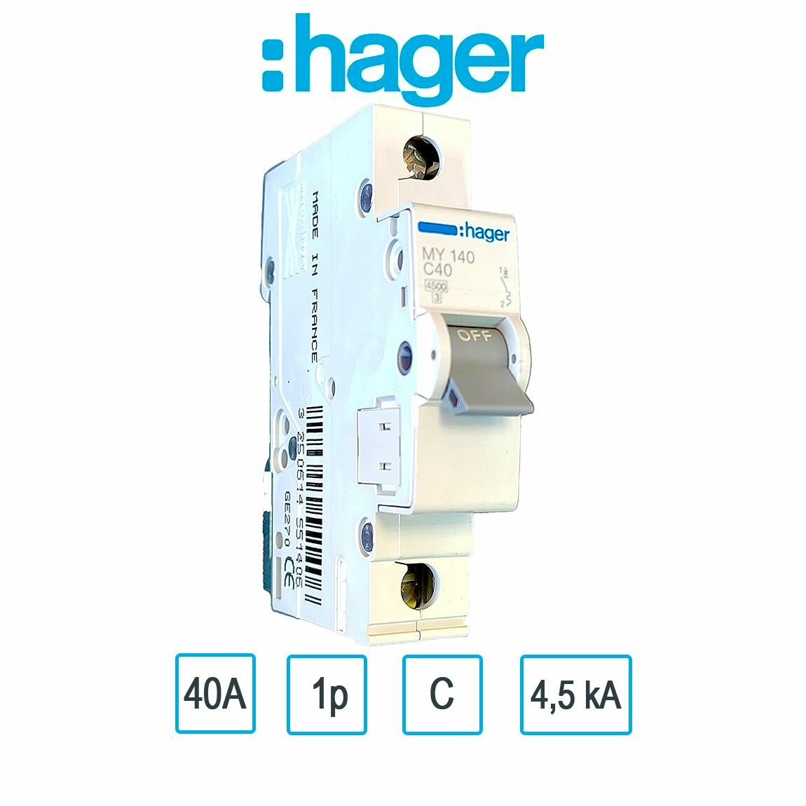 Автоматический выключатель 40А 1P C 45 kA Hager MY140
