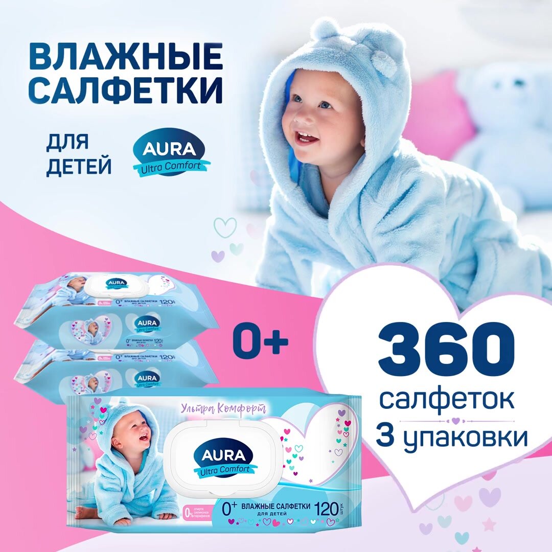 Влажные салфетки детские AURA Ultra Comfort с витамином Е и экстрактом Алоэ, c клапаном, 360 штук — фото 1