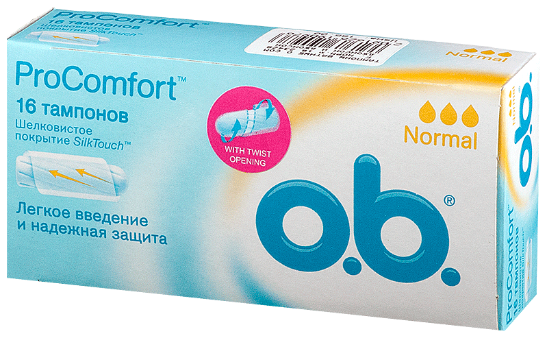 Тампоны O.B. ProComfort Normal, 3 капли, 16 шт, с оболочкой SilkTouch