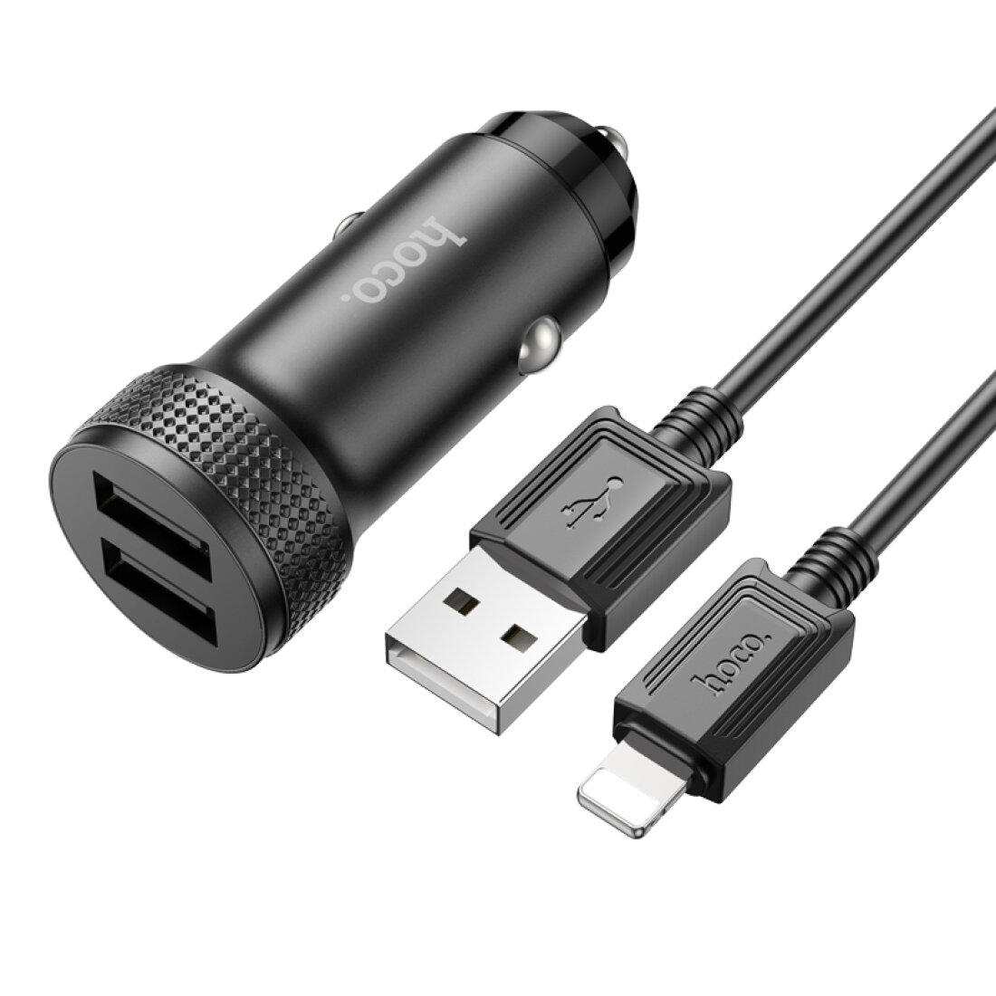 Автомобильное зарядное устройство, 2 USB 2.4A (Z49), usb кабель lightning, HOCO, черный