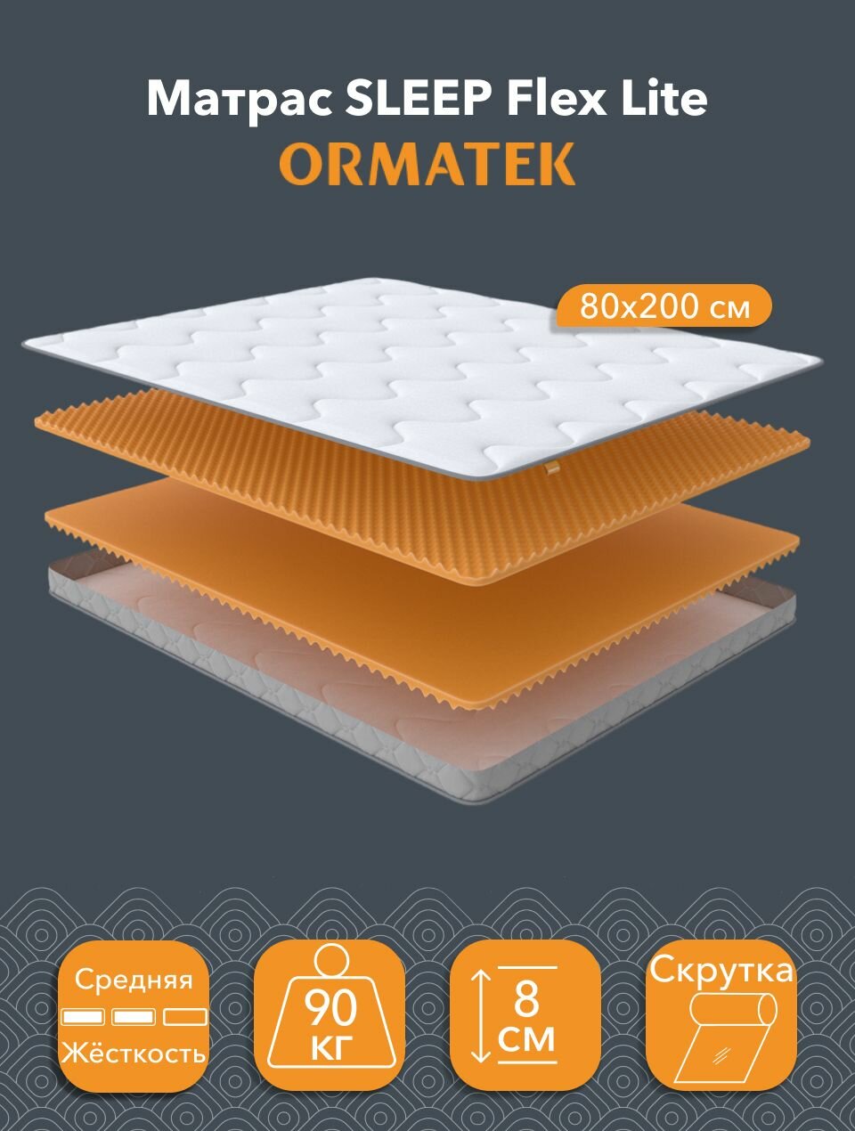 Орматек Матрас SLEEP Flex Lite, Беспружинный, 80х200 см, Односпальный двусторонний анатомический матрас на кровать c массажным эффектом