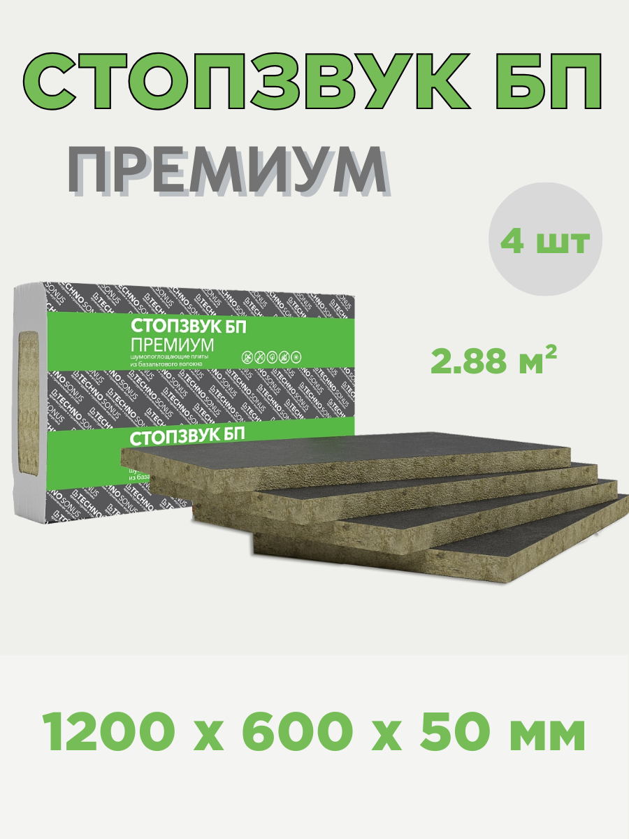 Звукопоглощающая базальтовая плита СтопЗвук БП Premium, 120x60 см, 4 плиты, 2.88 кв. м