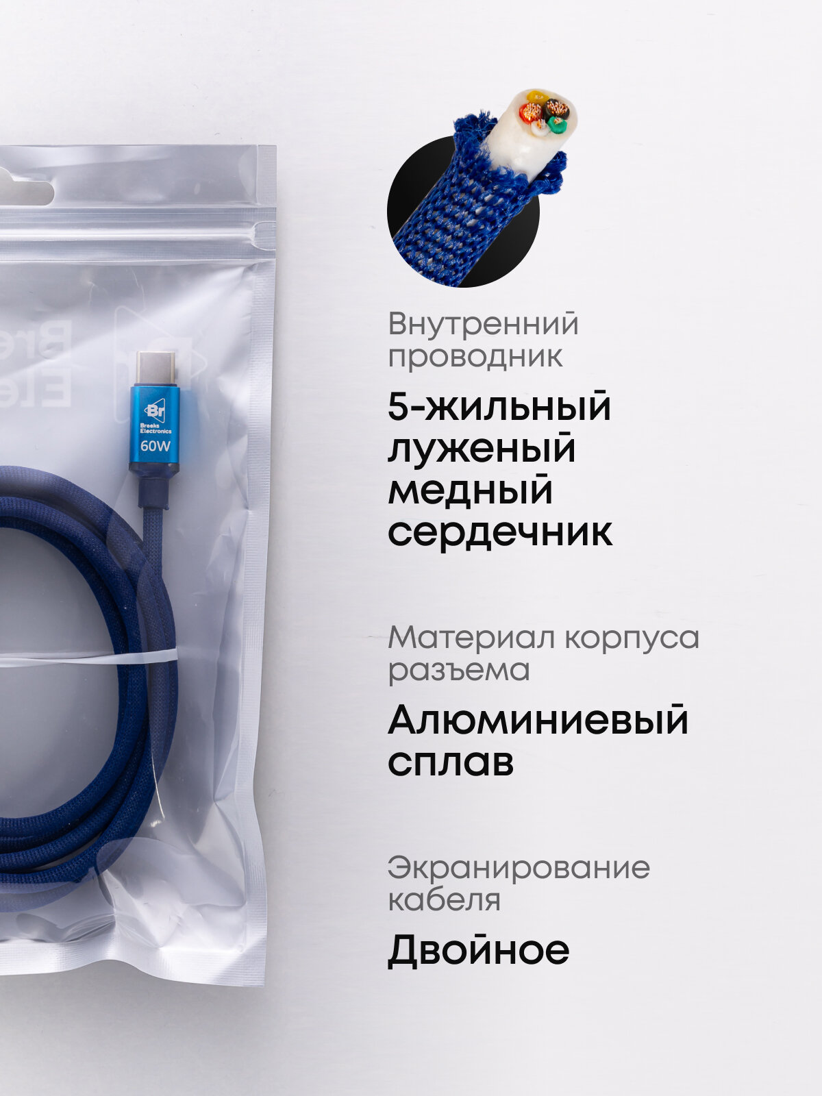 Кабель для зарядки Type-C / Type-C 60W 2 метра, синий — фото 1
