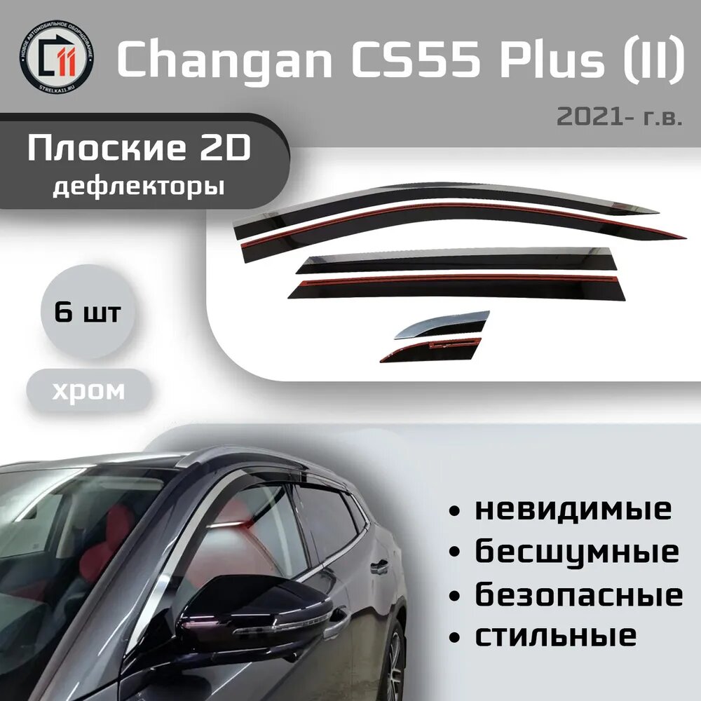 Дефлекторы 2D для CHANGAN CS55 Plus 2021- (II) / UNI-S 2024- (I), 6шт, с хромом