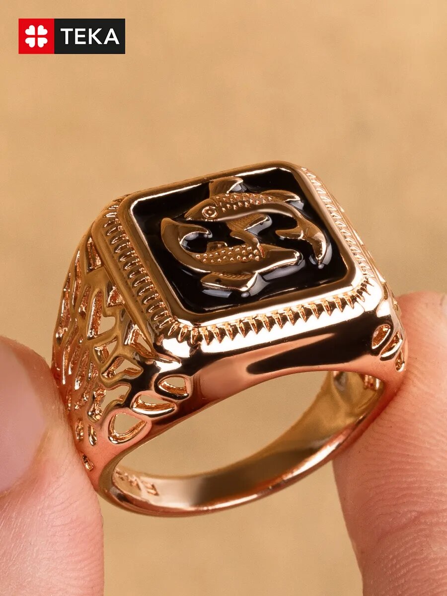 Печатка TEKA, эмаль, размер 21, черный, золотой — фото 1