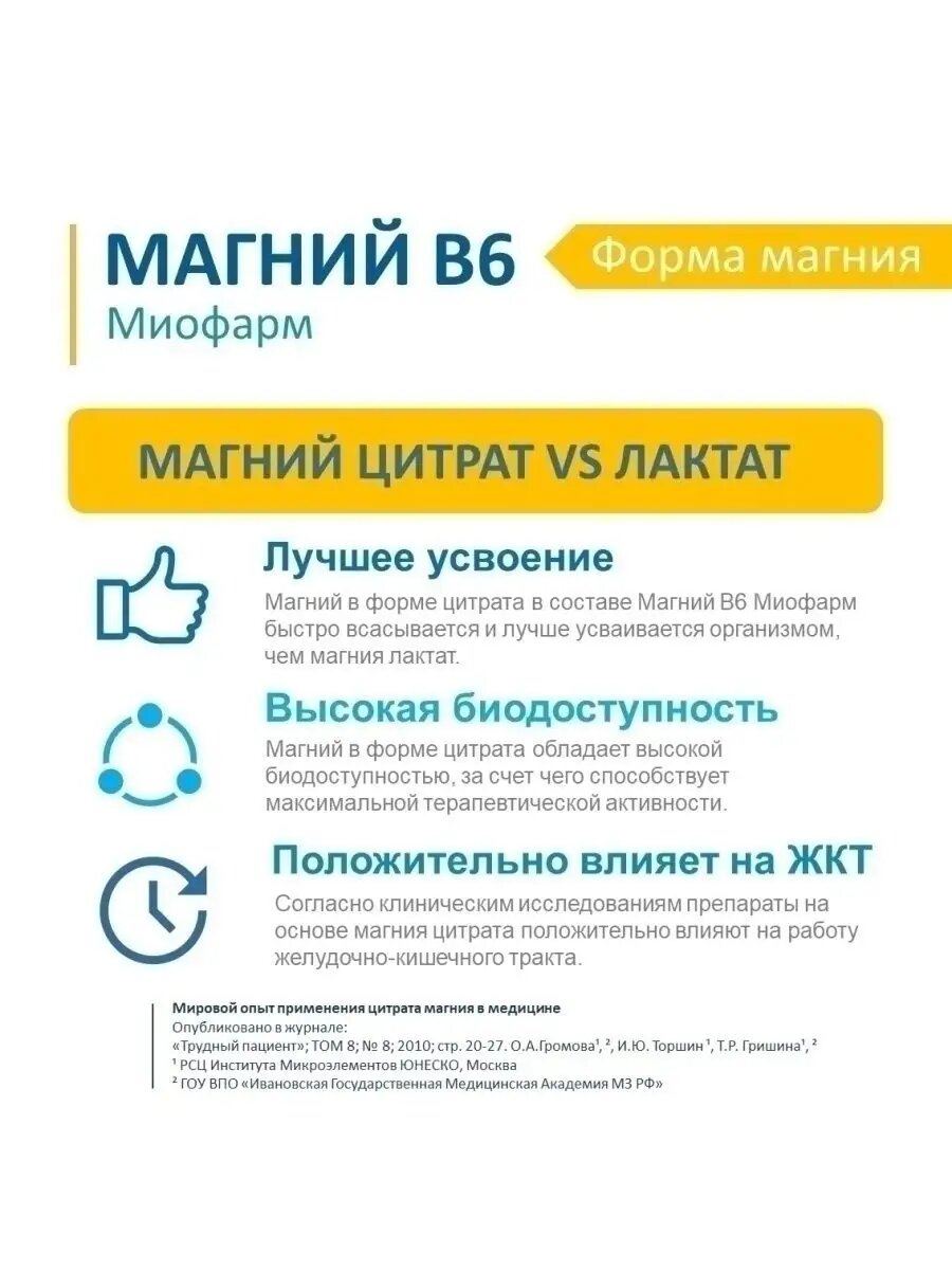 Противотревожные Препараты Магний цитрат с витаминами В6 Миофарм 60 таб, 345 мг + В6 от стресса, для нормализации сна, успокоительное средство