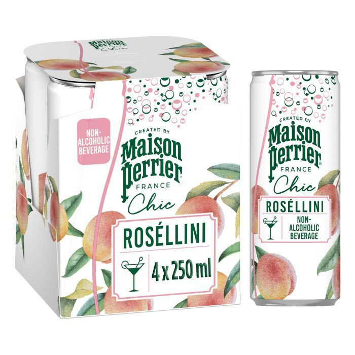 Напиток газированный Perrier (Перье) Maison Chic Rosellini со вкусом персика, 4 шт по 0,25 л, ж/б