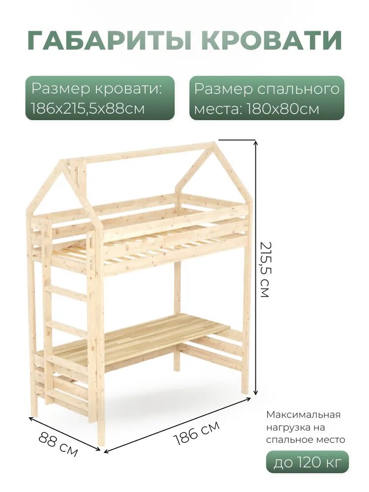 Кровать-чердак с домиком, детская подростковая, спальное место 180х80 см, массив дерева, ортопедическое основание, модель GRACE — фото 1
